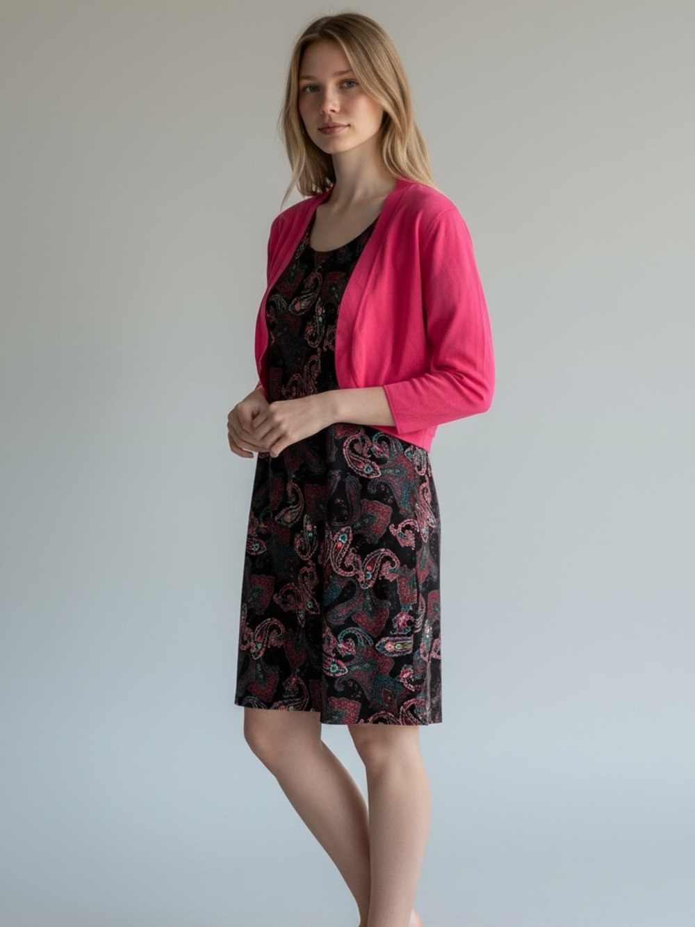 Dynamite Hot Pink Cardigan Over Black Paisley Slip Dress